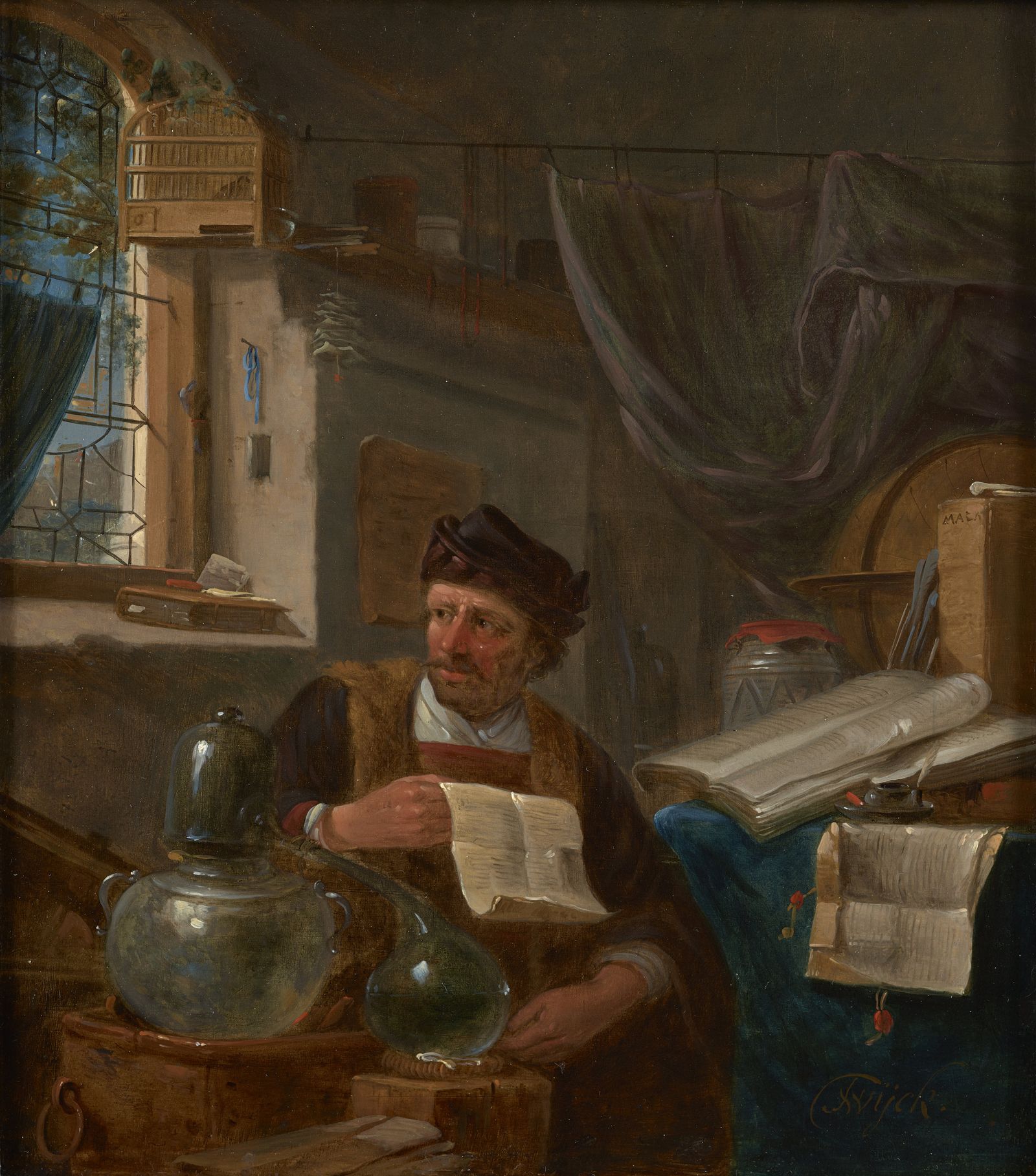 Een alchemist verdiept in zijn studie, omringd door opengeslagen boeken en glazen destilleervaten. Schilderij van Thomas Wijck.